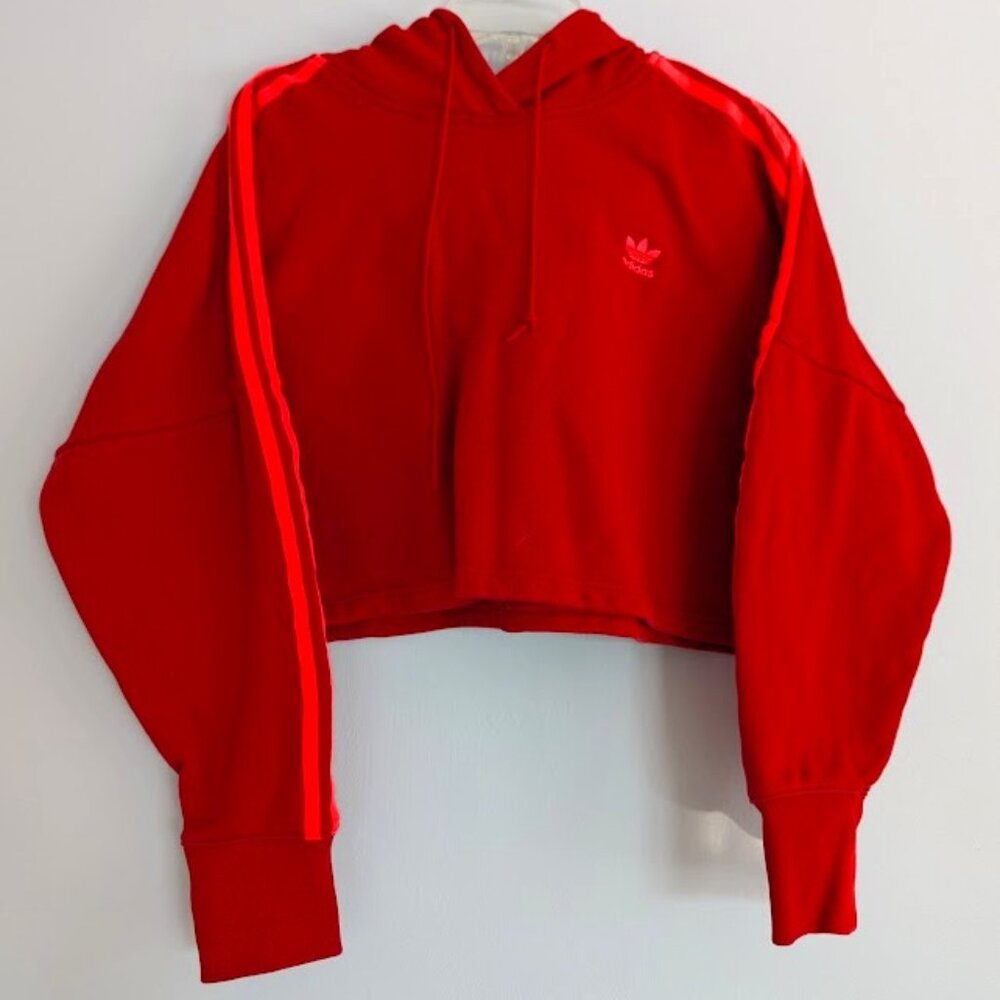 adidas Originals Adicolor 3-Stripes Logo Cropped Hoodie Sz M In Scarlet Red